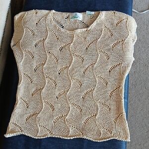 Ichos Beige Cotton Vintage  Knit Top with Short Sleeves